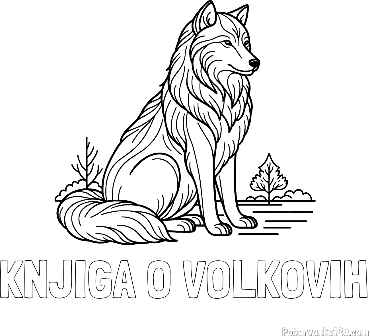 Pobarvanka imena KNJIGA O VOLKOVIH in pobarvanka sedečega volka