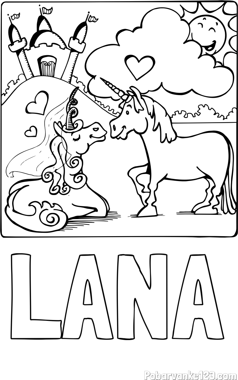 Pobarvanka imena LANA in pobarvanka zaljubljenih samorogov