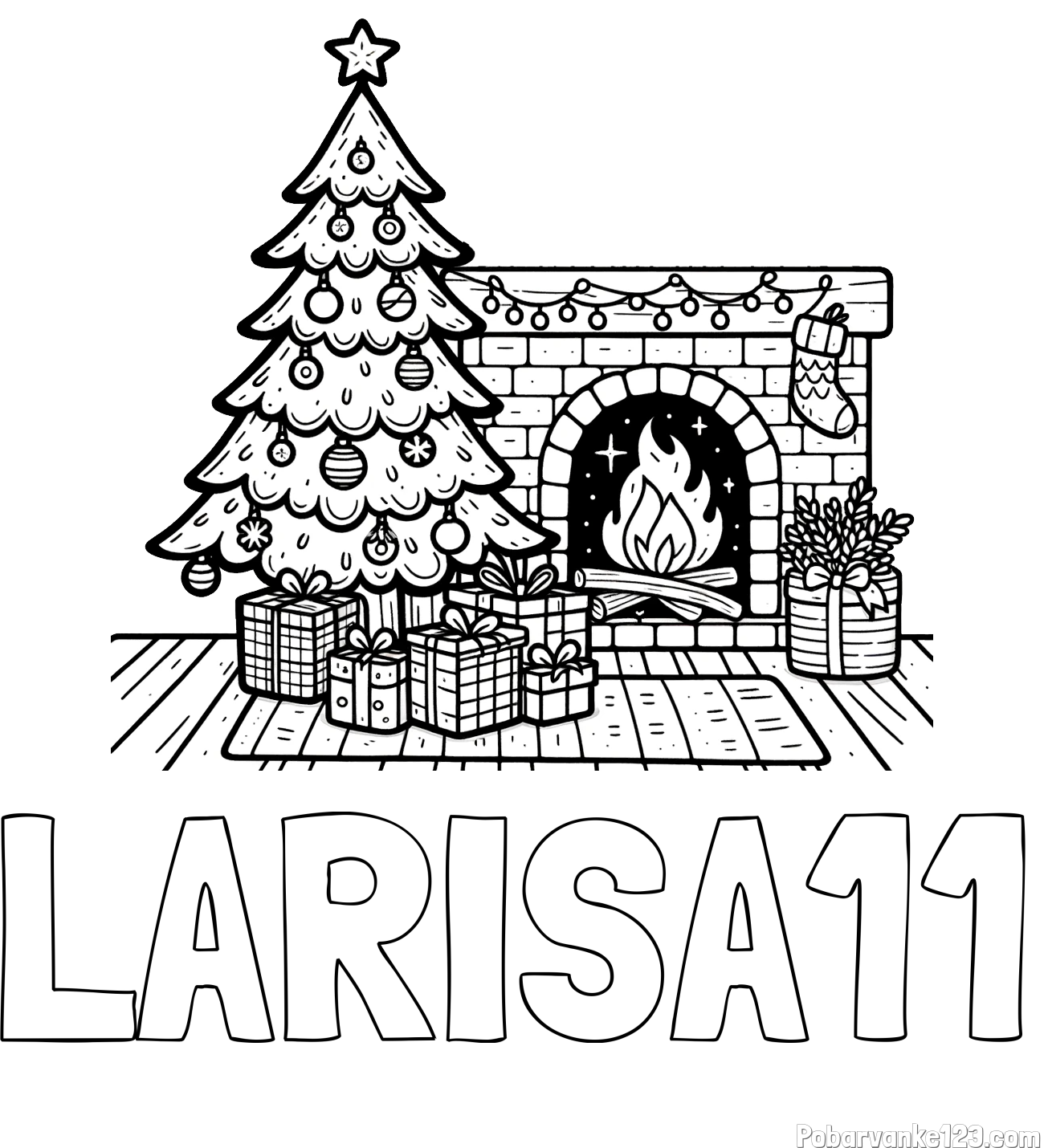 Pobarvanka imena LARISA11 in pobarvanka božične noči z božično smrečico, darili ter kaminom