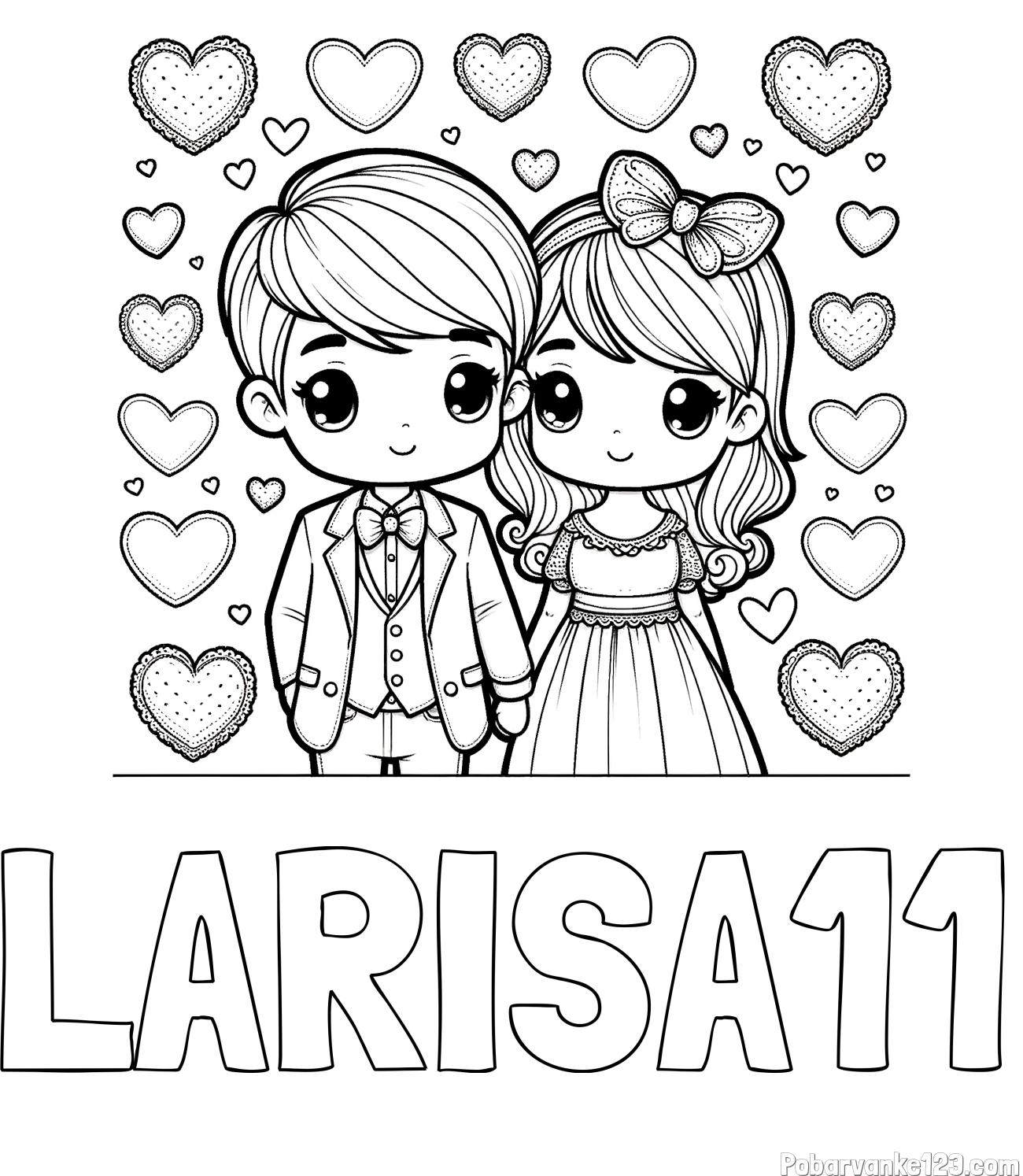 Pobarvanka imena LARISA11 in pobarvanka dveh zaljubljencev s srčki