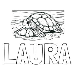 Online izdelana pobarvanka - Pobarvanka imena LAURA in pobarvanka želve, ki leže jajca na obali