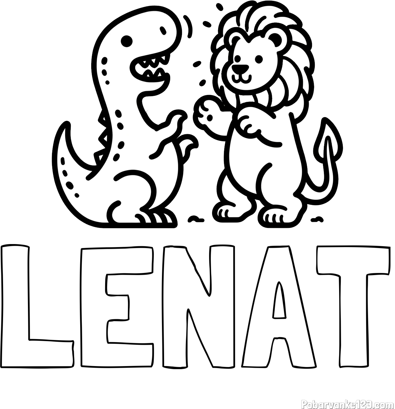 Pobarvanka imena LENAT in pobarvanka dinozavra, ki napada leva