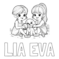 Online izdelana pobarvanka - Pobarvanka imena LIA EVA in pobarvanka prijateljic s kužkom