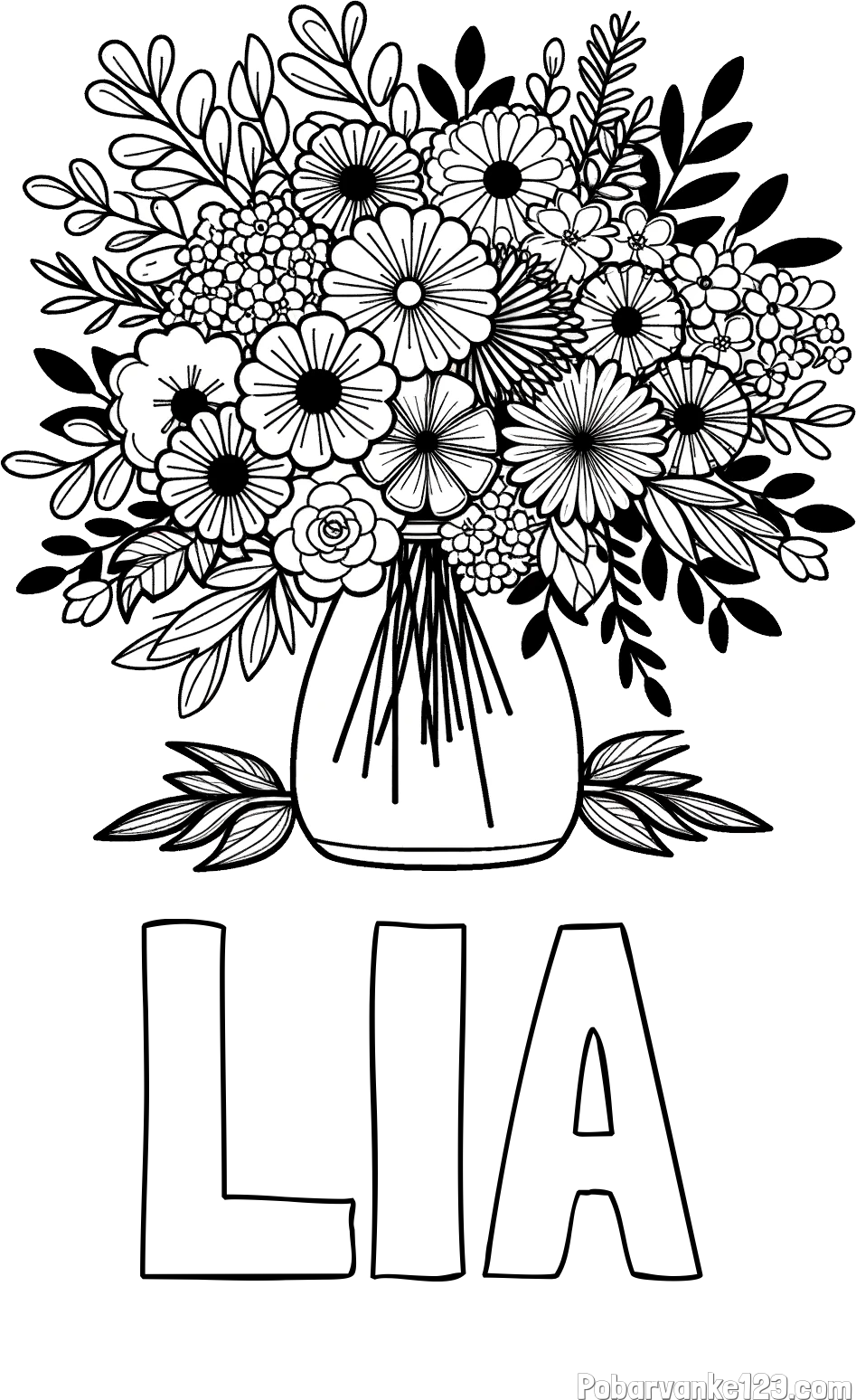 Pobarvanka imena LIA in pobarvanka veliekga šopka rož