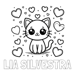Online izdelana pobarvanka - Pobarvanka imena LIA SILVESTRA in pobarvanka ljubke mucke obdane z veliko srčki