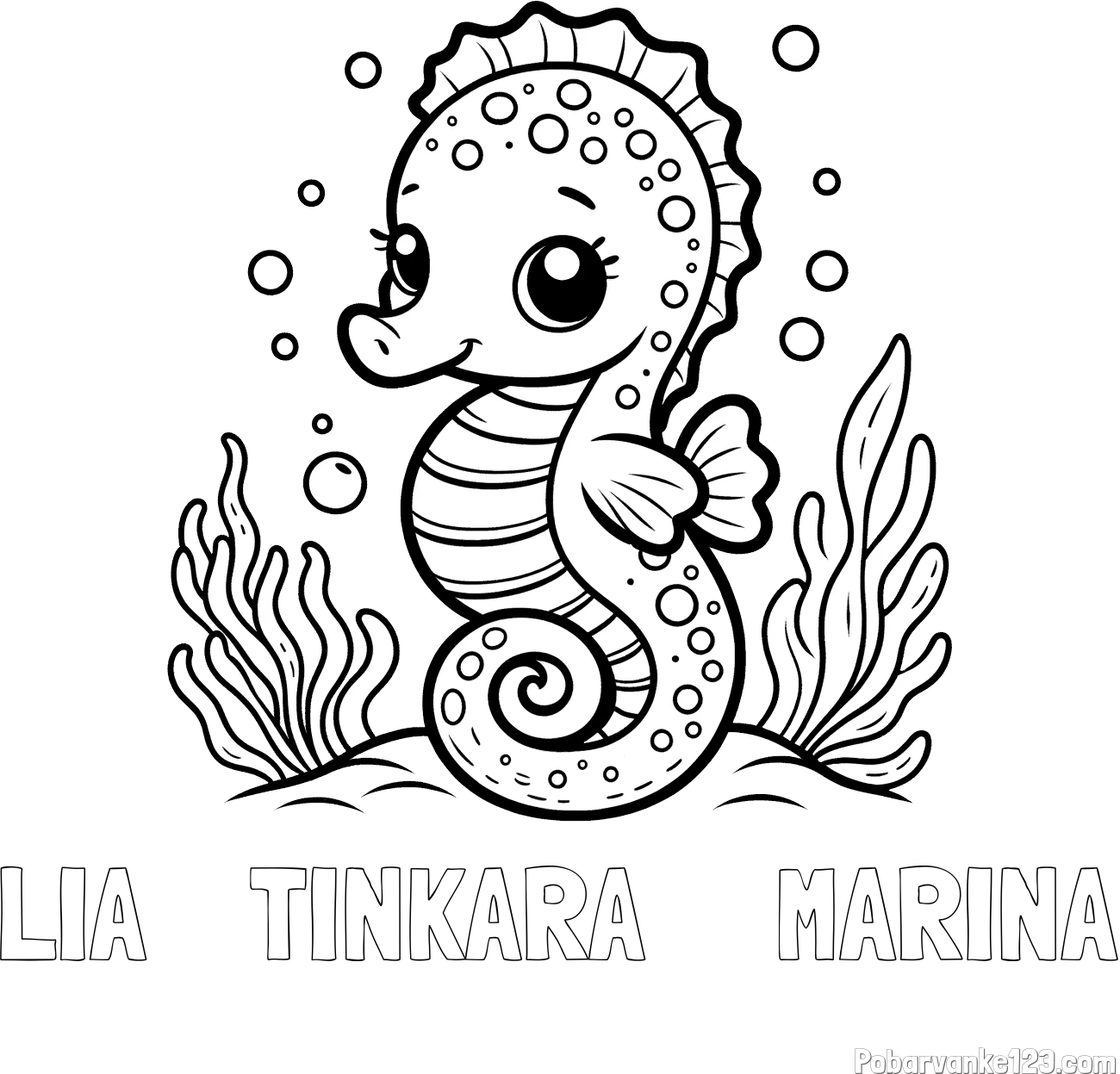 Pobarvanka imena LIA    TINKARA     MARINA in pobarvanka morskega konjička