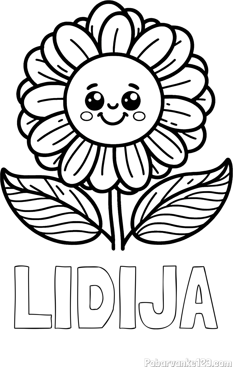 Pobarvanka imena LIDIJA in pobarvanka ljubke in nasmejane rože