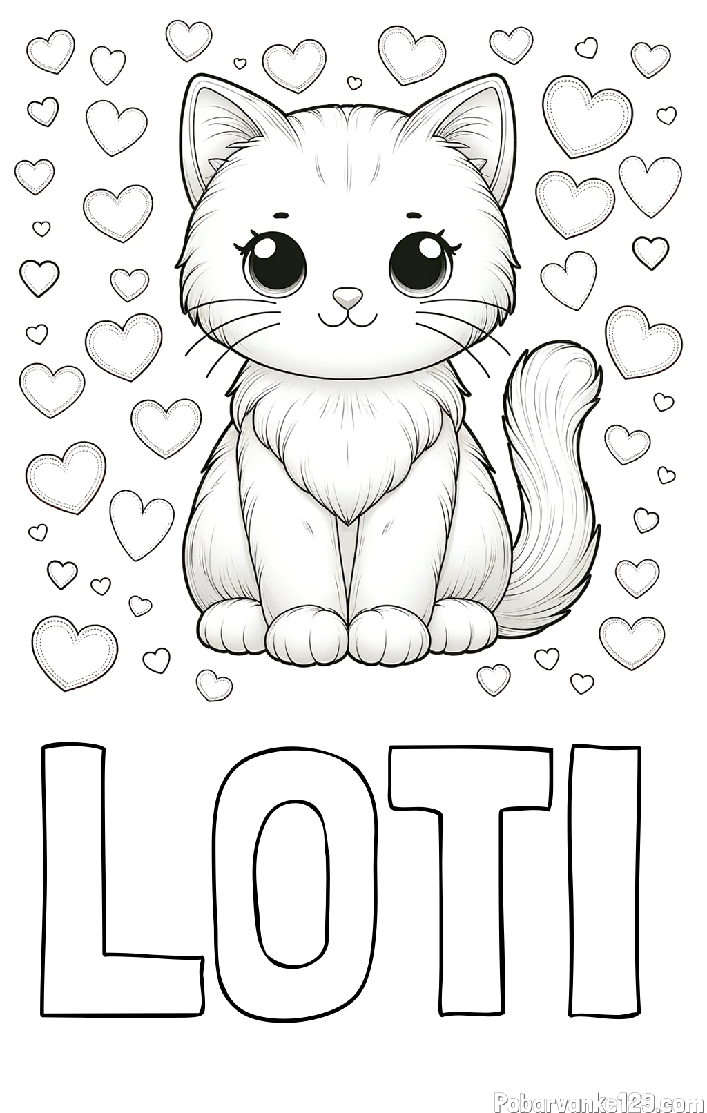 Pobarvanka imena LOTI in pobarvanka ljubke mucke obdane s srčki