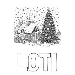 Online izdelana pobarvanka - Pobarvanka imena LOTI in pobarvanka zasnežene hiške na božično noč