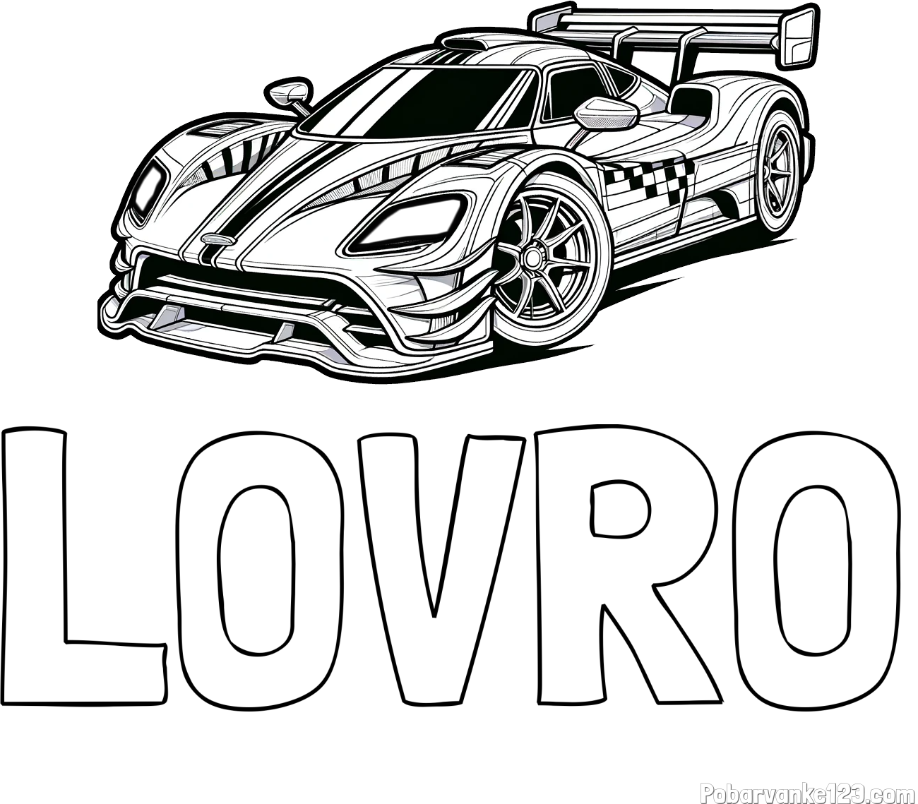 Pobarvanka imena LOVRO in pobarvanka modernega športnega avtomobila