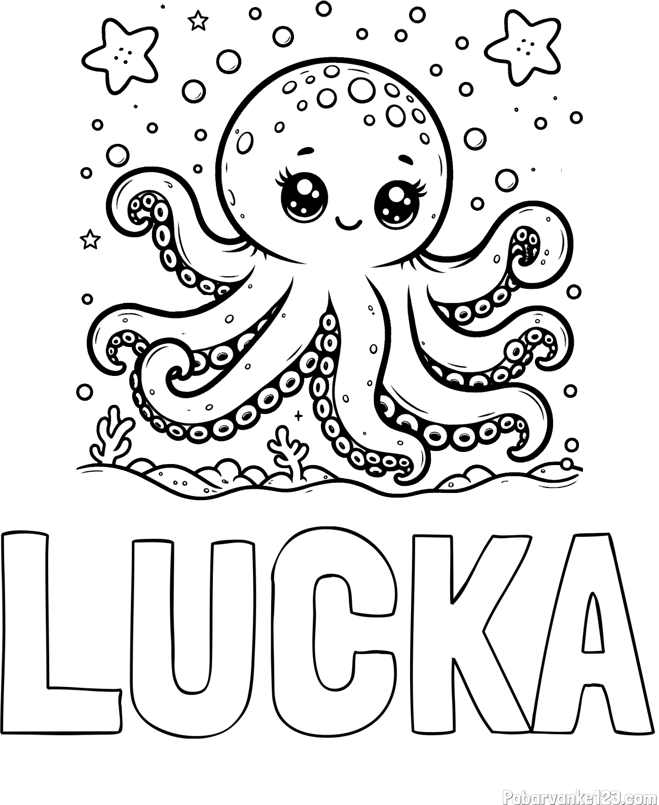 Pobarvanka imena LUČKA in pobarvanka hobotnice v morju obdane z morskimi zvezdami