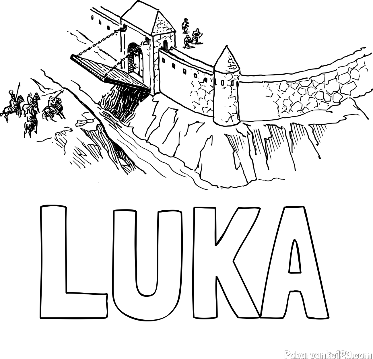 Pobarvanka imena LUKA in pobarvanka grajskega obzidja z grajskim mostom