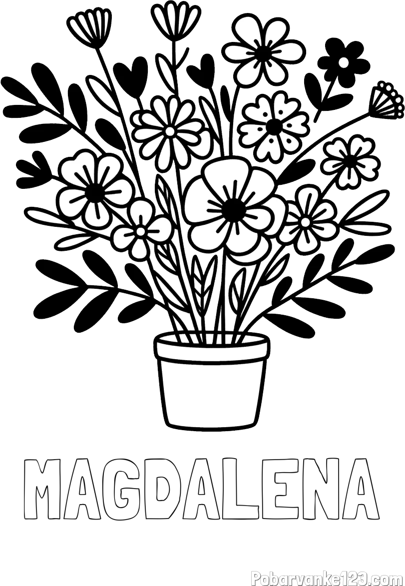 Pobarvanka imena MAGDALENA in pobarvanka rož v cvetličnem loncu