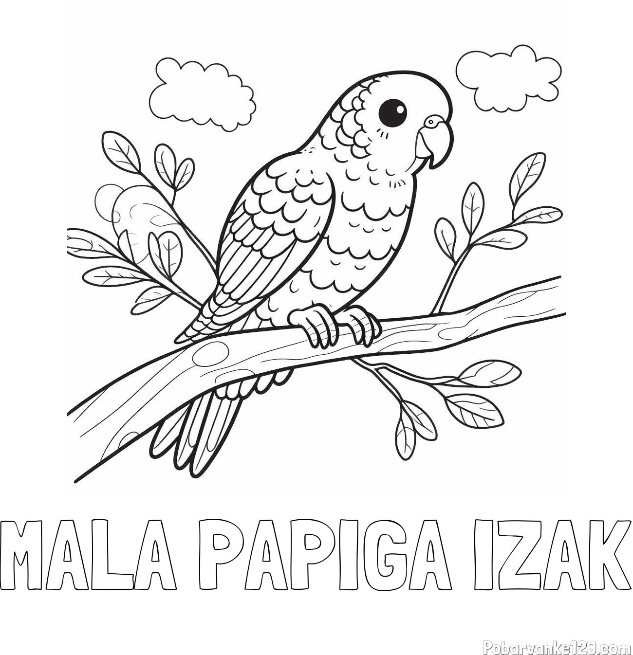 Pobarvanka imena MALA PAPIGA IZAK in pobarvanka ljubkega kanarčka na veji