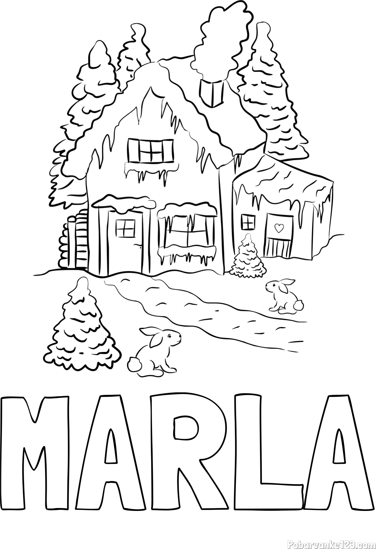 Pobarvanka imena MARLA in pobarvanka zasnežene hiše
