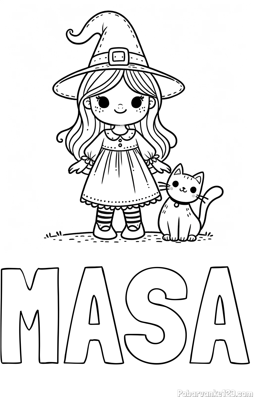 Pobarvanka imena MAŠA in Čudovita pobarvanka ljubke čarovnice in nasmejane mačke