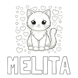 Online izdelana pobarvanka - Pobarvanka imena MELITA in pobarvanka ljubke mucke obdane s srčki