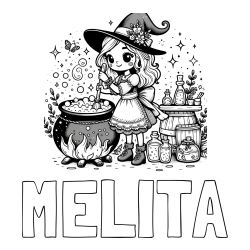 Online izdelana pobarvanka - Pobarvanka imena MELITA in pobarvanka prikupna čarovnica, ki pripravlja čarobni napoj