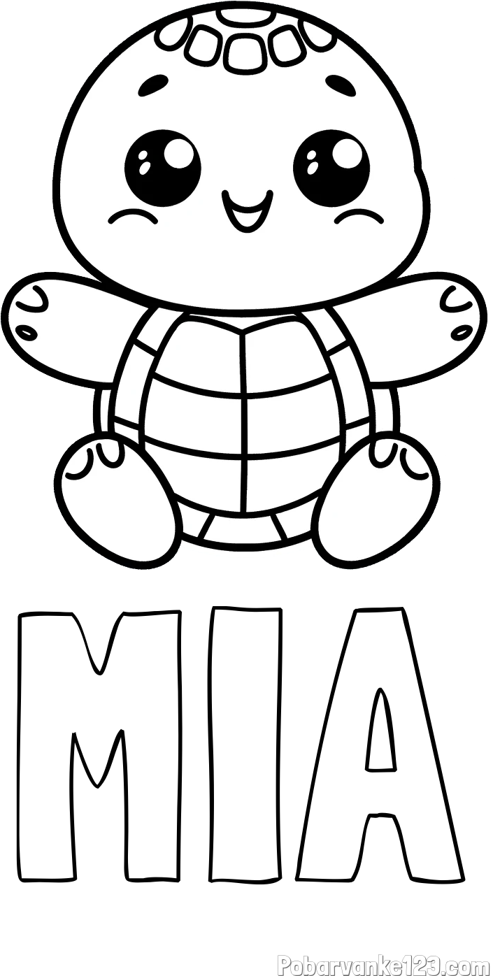 Pobarvanka imena MIA in otroška pobarvanka ljubke in nasmejane želvice