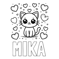 Online izdelana pobarvanka - Pobarvanka imena MIKA in pobarvanka ljubke mucke obdane z veliko srčki