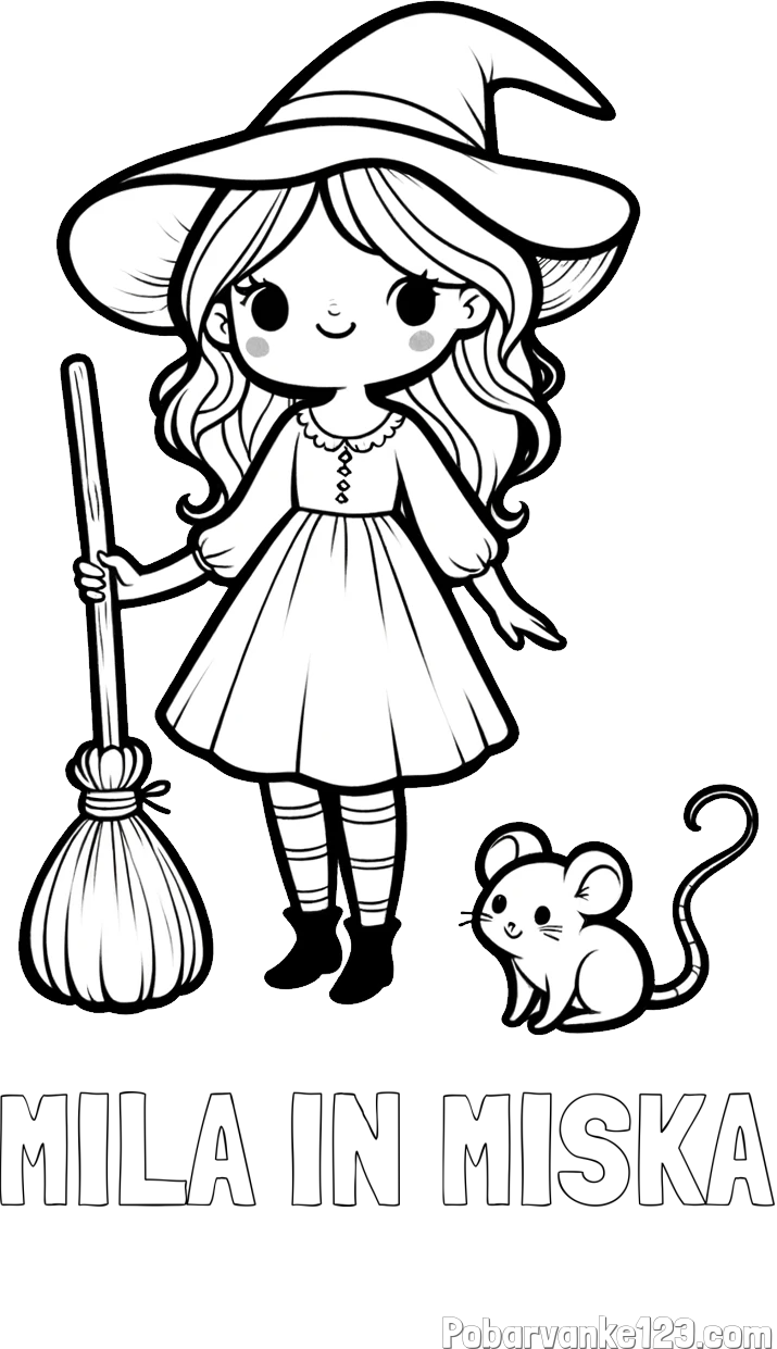 Pobarvanka imena MILA IN MIŠKA in pobarvanka čarovnice z metlo in miško