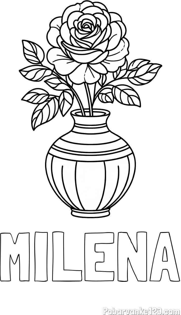 Pobarvanka imena MILENA in pobarvanka vrtnice v vazi