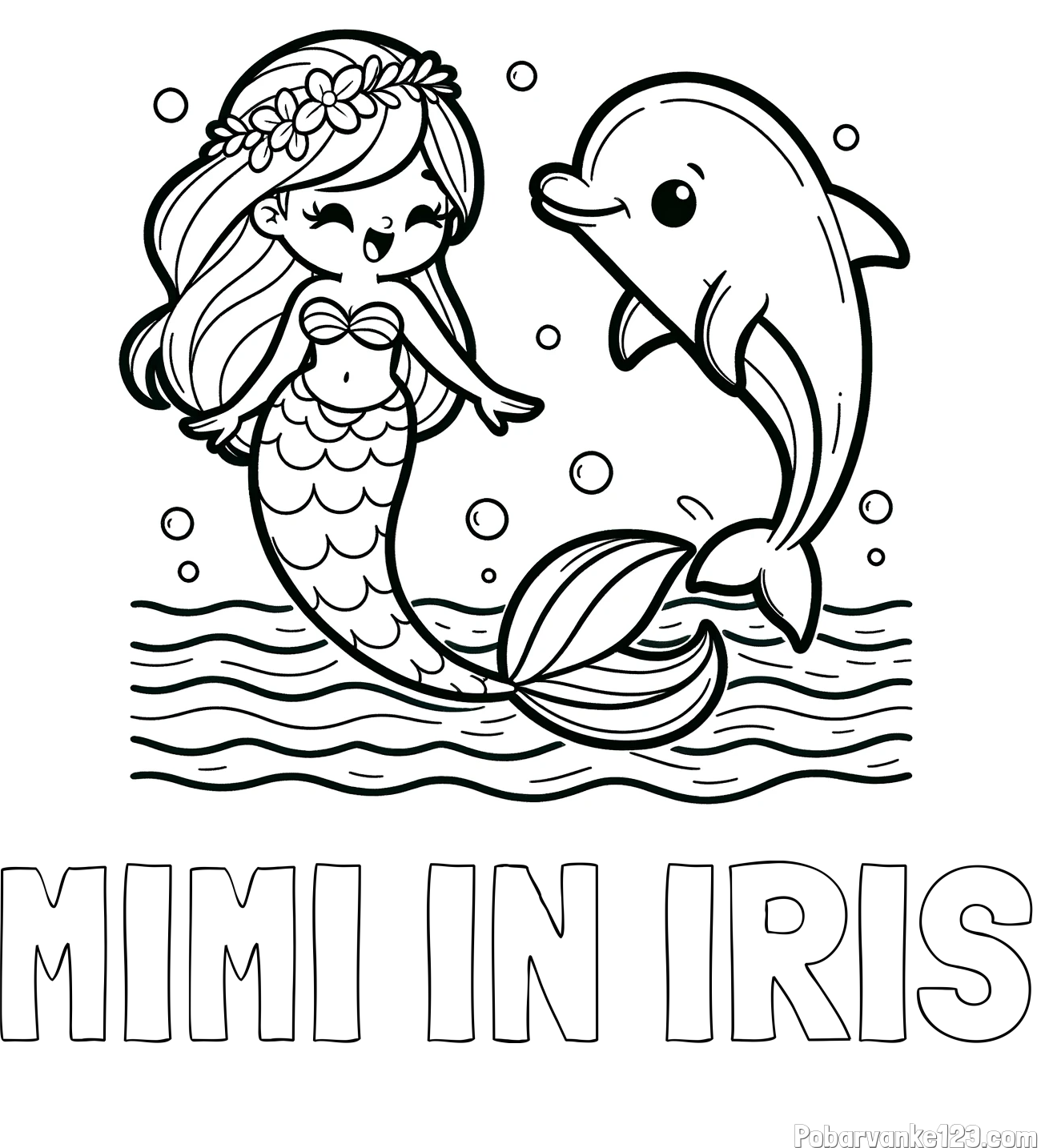 Pobarvanka imena MIMI IN IRIS in pobarvanka ljubke morske deklice, ki pleše z delfinom