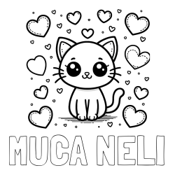 Online izdelana pobarvanka - Pobarvanka imena MUCA NELI in pobarvanka ljubke mucke obdane z veliko srčki