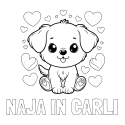 Online izdelana pobarvanka - Pobarvanka imena NAJA IN ČARLI in pobarvanka ljubkega kužka obdanega s srčki