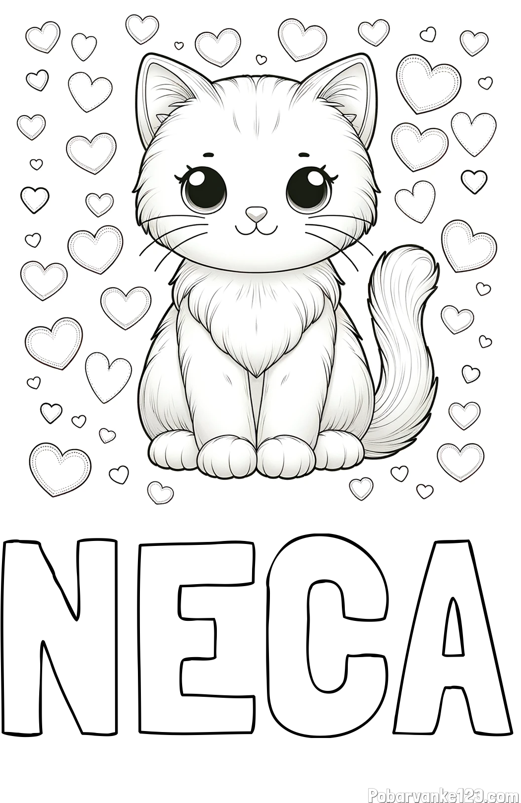 Pobarvanka imena NECA in pobarvanka ljubke mucke obdane s srčki