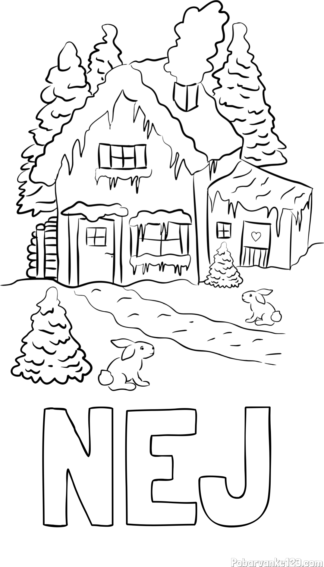 Pobarvanka imena NEJ in pobarvanka zasnežene hiše