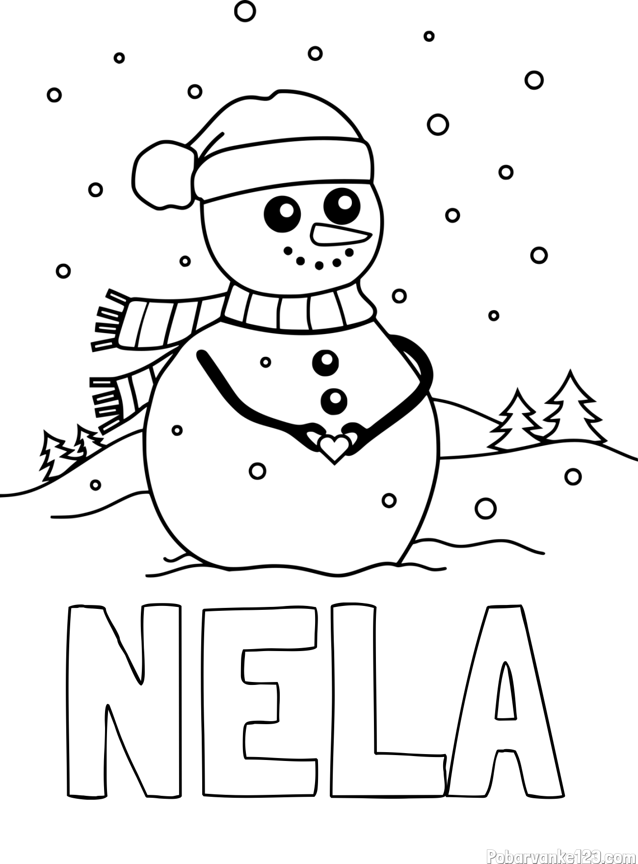 Pobarvanka imena NELA in pobarvanka prikupnega snežaka