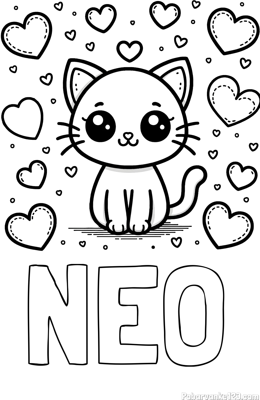 Pobarvanka imena NEO in pobarvanka ljubke mucke obdane z veliko srčki