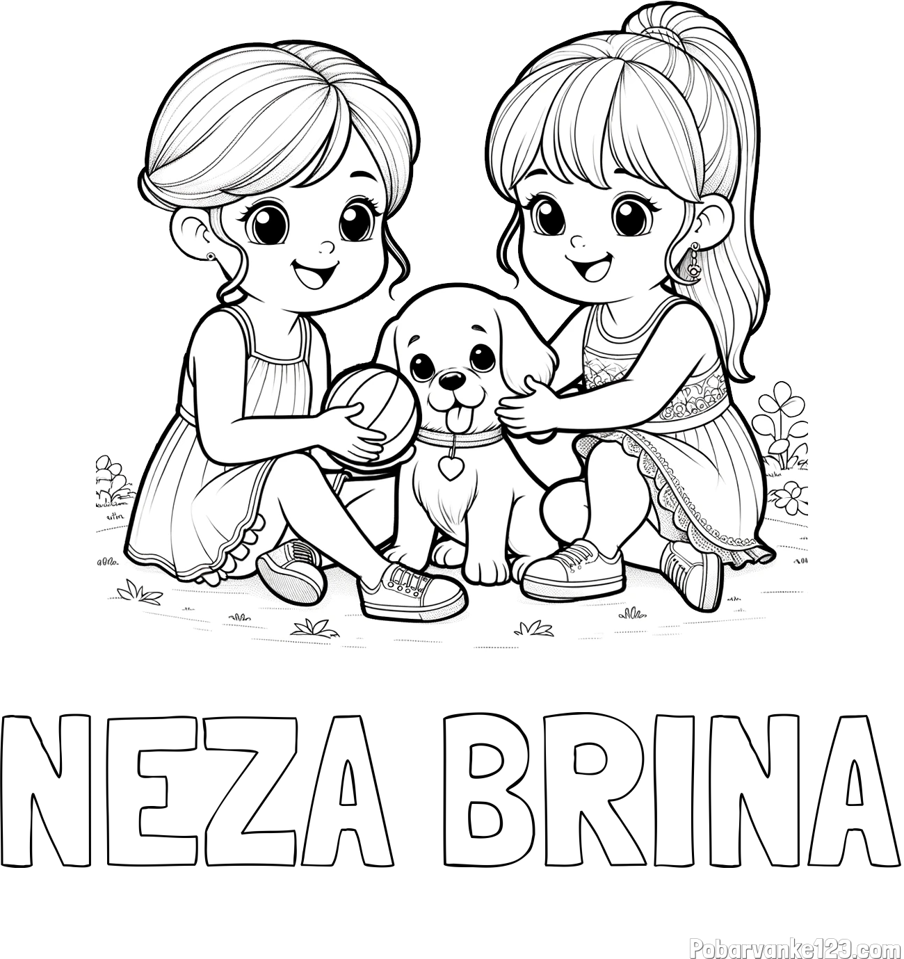 Pobarvanka imena NEŽA BRINA in pobarvanka prijateljic s kužkom