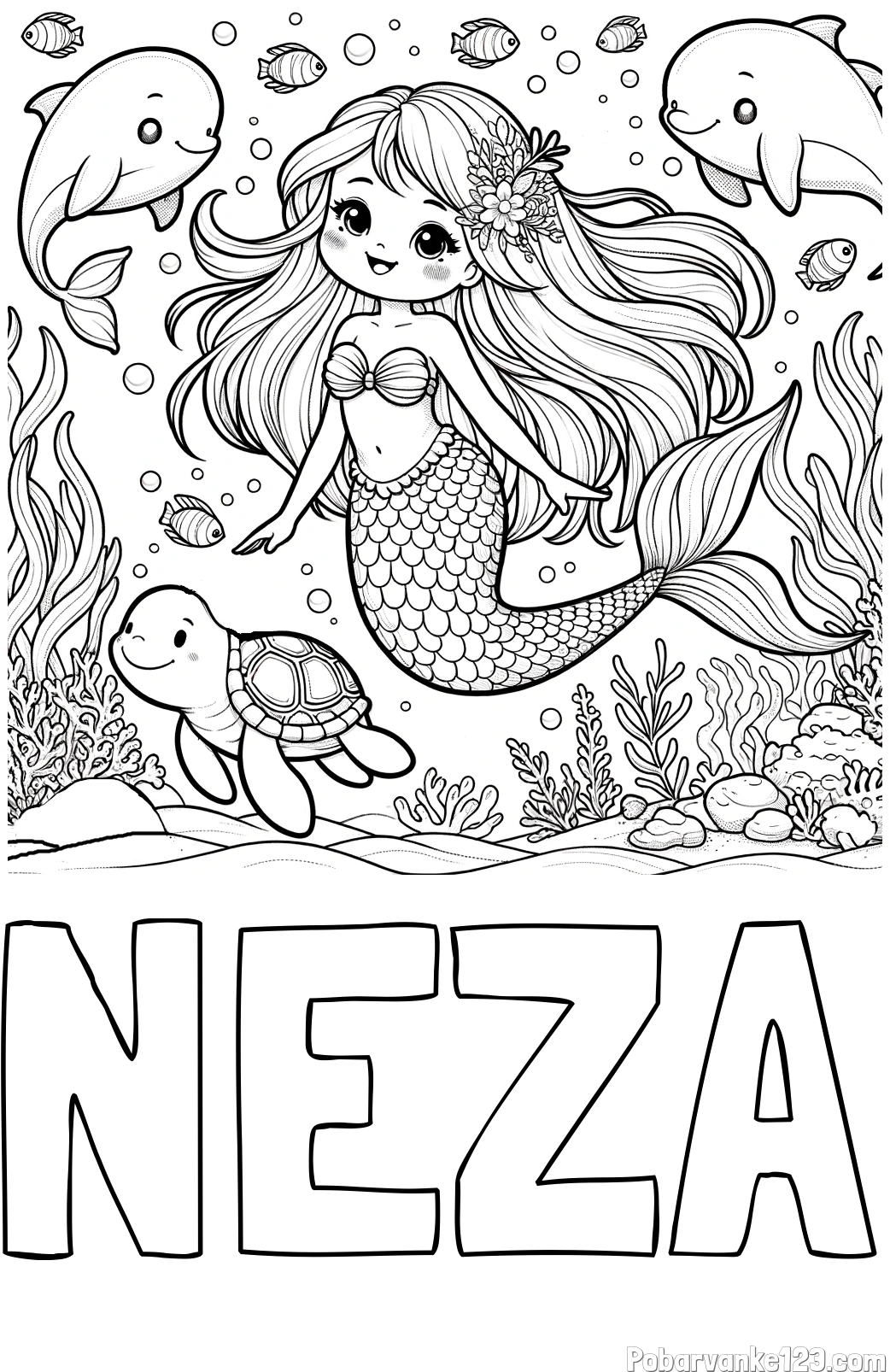 Pobarvanka imena NEŽA in pobarvana ljubke morske deklice s prijatelji