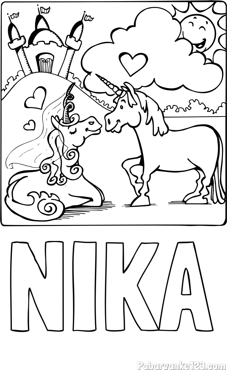 Pobarvanka imena NIKA in pobarvanka zaljubljenih samorogov