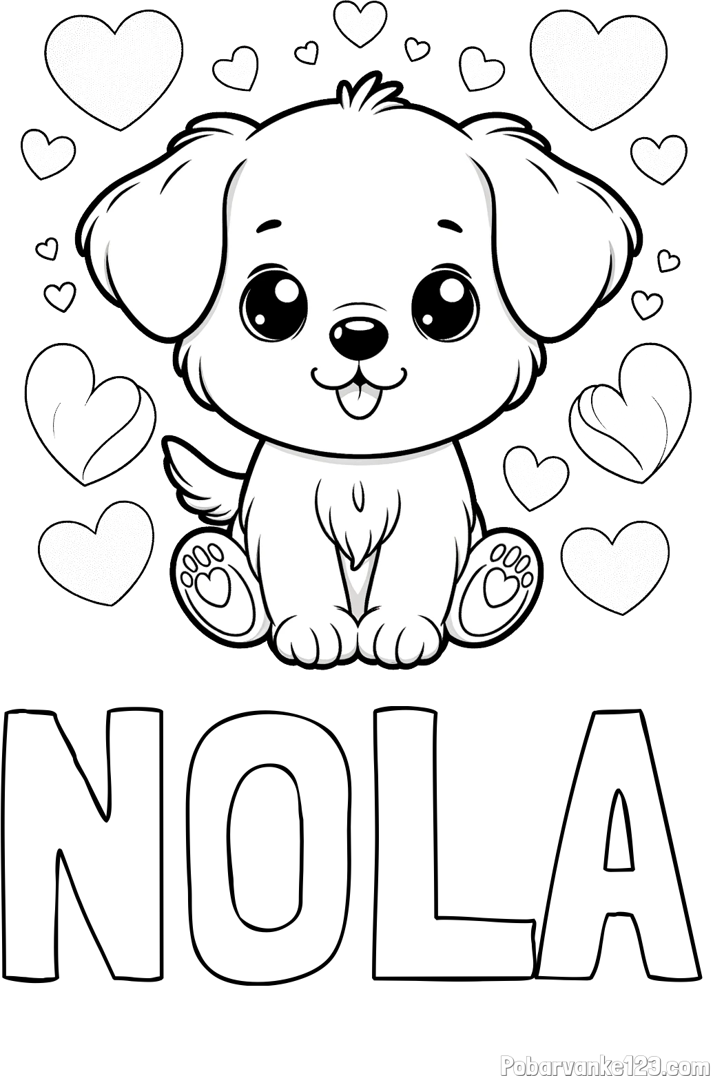 Pobarvanka imena NOLA in pobarvanka ljubkega kužka obdanega s srčki