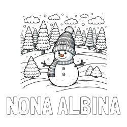 Online izdelana pobarvanka - Pobarvanka imena NONA ALBINA in pobarvanka snežaka v naravi obdanega z zasneženimi smrekami