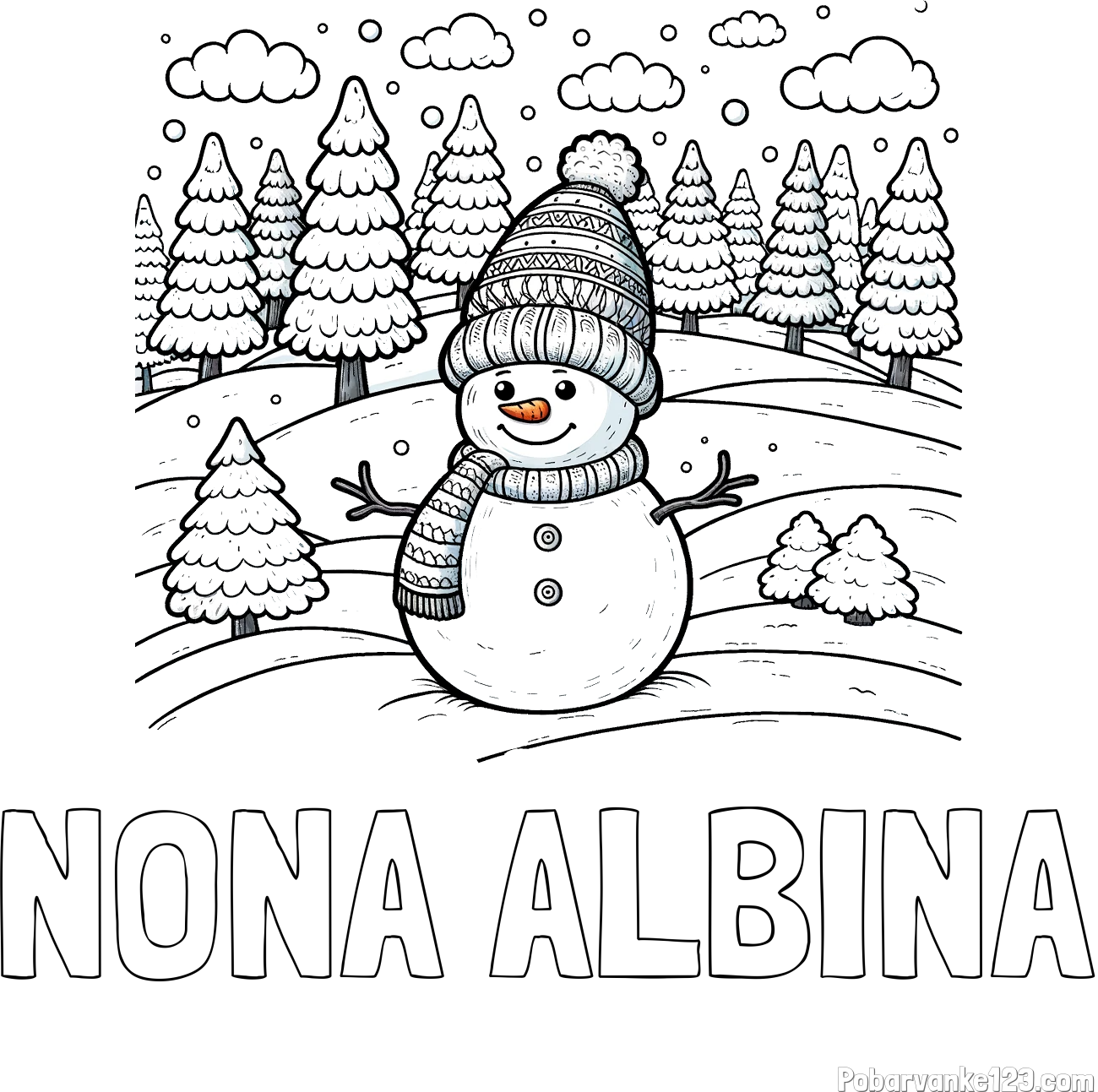 Pobarvanka imena NONA ALBINA in pobarvanka snežaka v naravi obdanega z zasneženimi smrekami