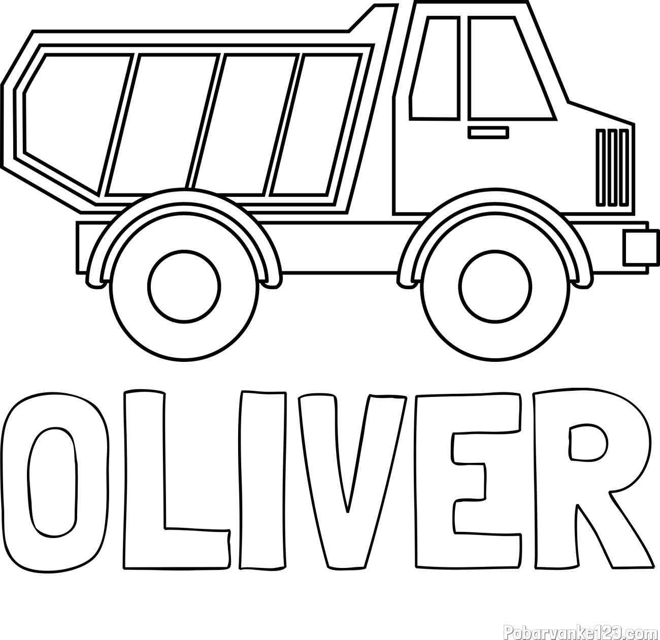 Pobarvanka imena OLIVER in otroška pobarvanka tovornjaka za prevoz smeti in drugega tovora