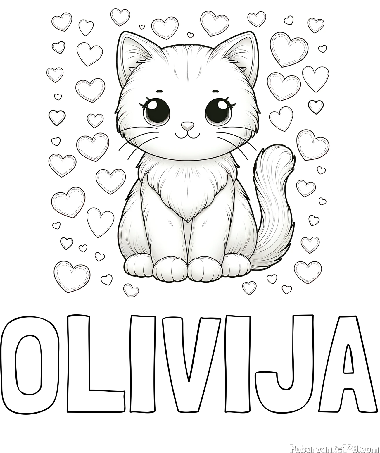 Pobarvanka imena OLIVIJA in pobarvanka ljubke mucke obdane s srčki