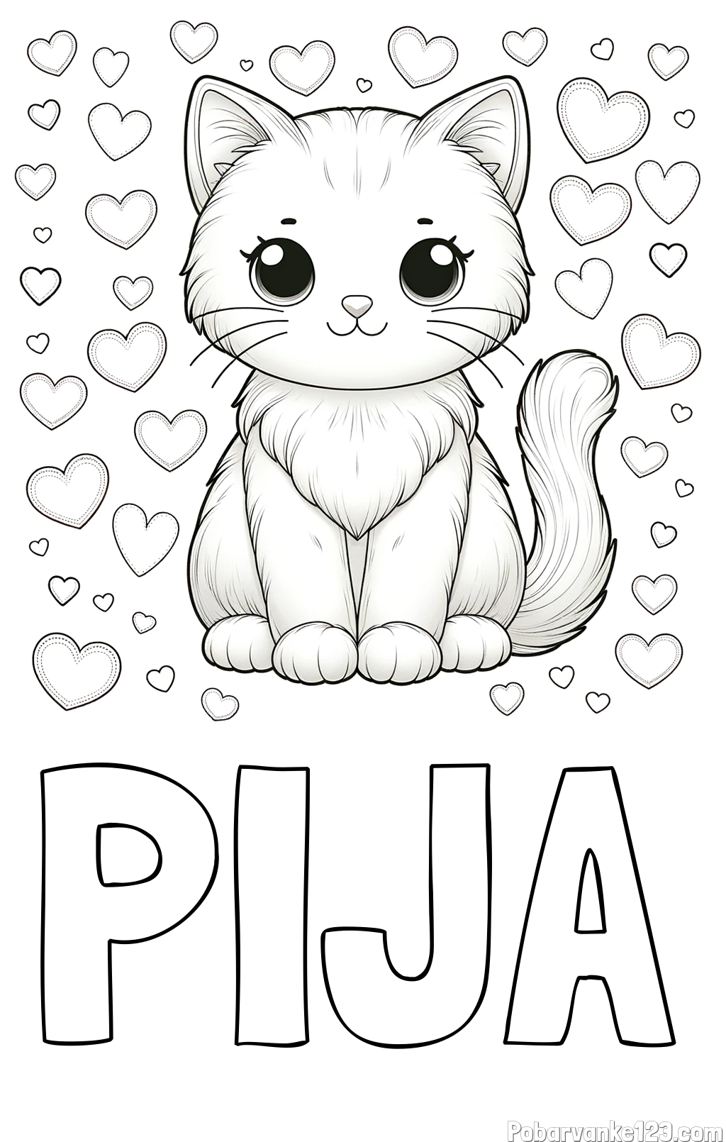 Pobarvanka imena PIJA in pobarvanka ljubke mucke obdane s srčki