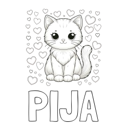 Online izdelana pobarvanka - Pobarvanka imena PIJA in pobarvanka ljubke mucke obdane s srčki