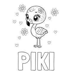 Online izdelana pobarvanka - Pobarvanka imena PIKI in pobarvanka mladička flaminga z rožicami in srčki