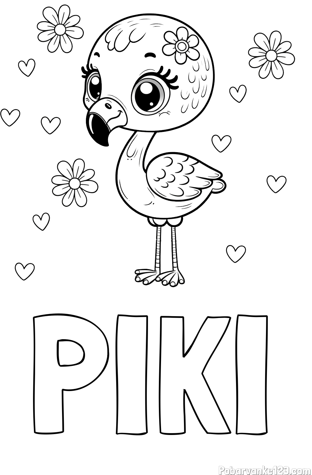 Pobarvanka imena PIKI in pobarvanka mladička flaminga z rožicami in srčki