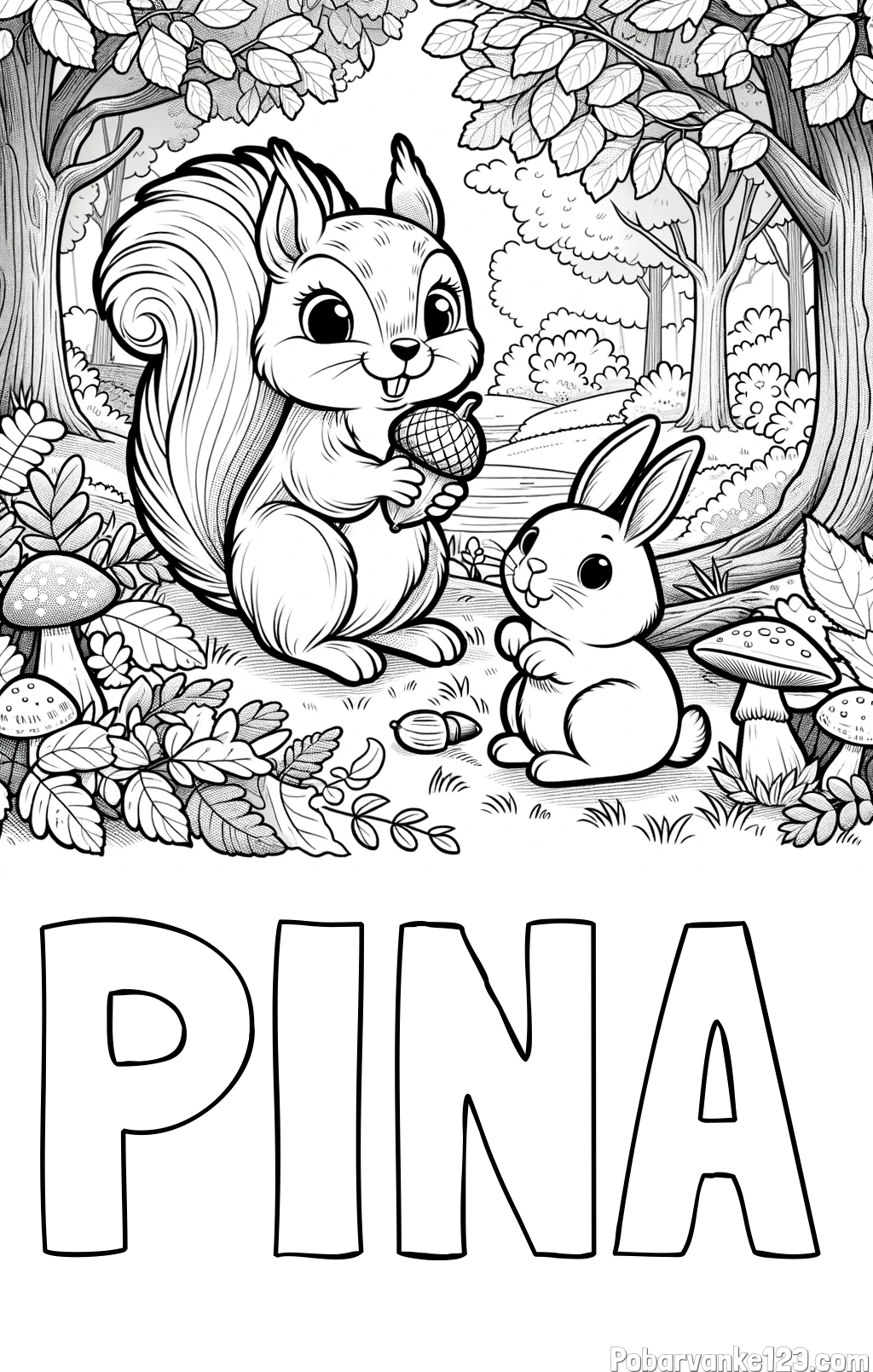 Pobarvanka imena PINA in pobarvanka veveričke in zajčka v gozdu