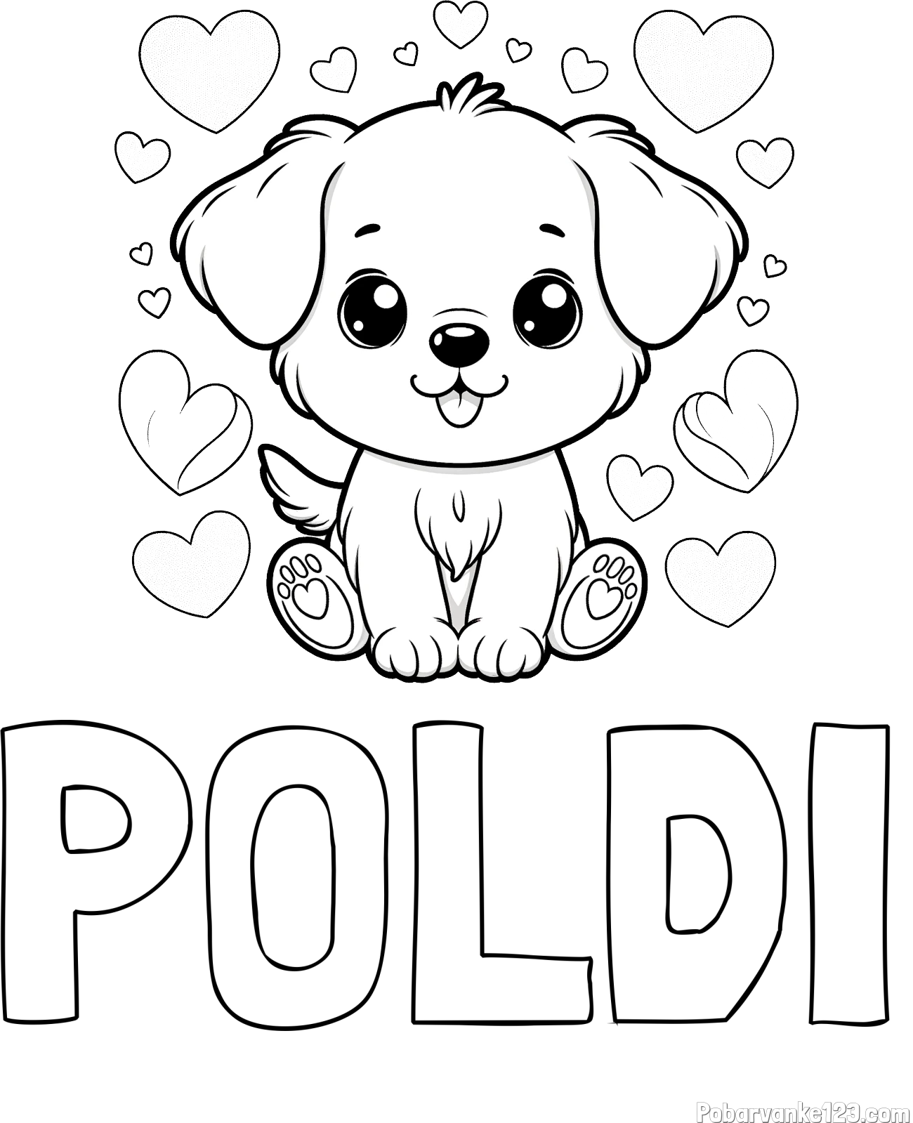 Pobarvanka imena POLDI in pobarvanka ljubkega kužka obdanega s srčki