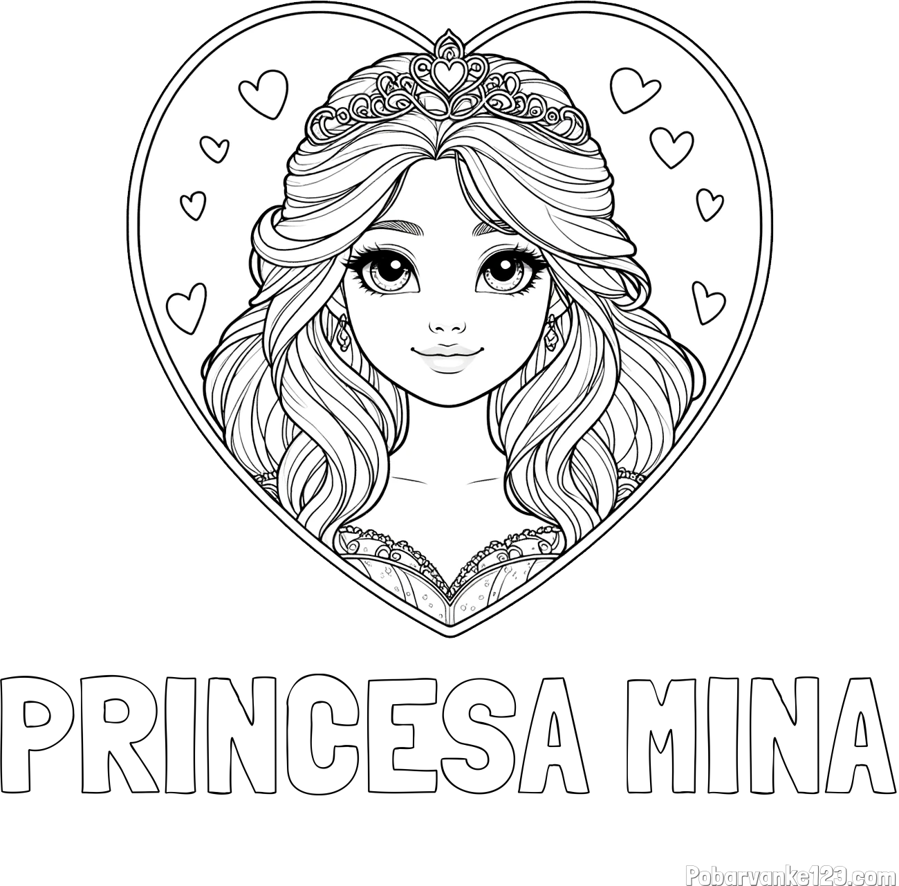 Pobarvanka imena PRINCESA MINA in pobarvanka princeske ter srčkov