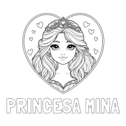 Online izdelana pobarvanka - Pobarvanka imena PRINCESA MINA in pobarvanka princeske ter srčkov