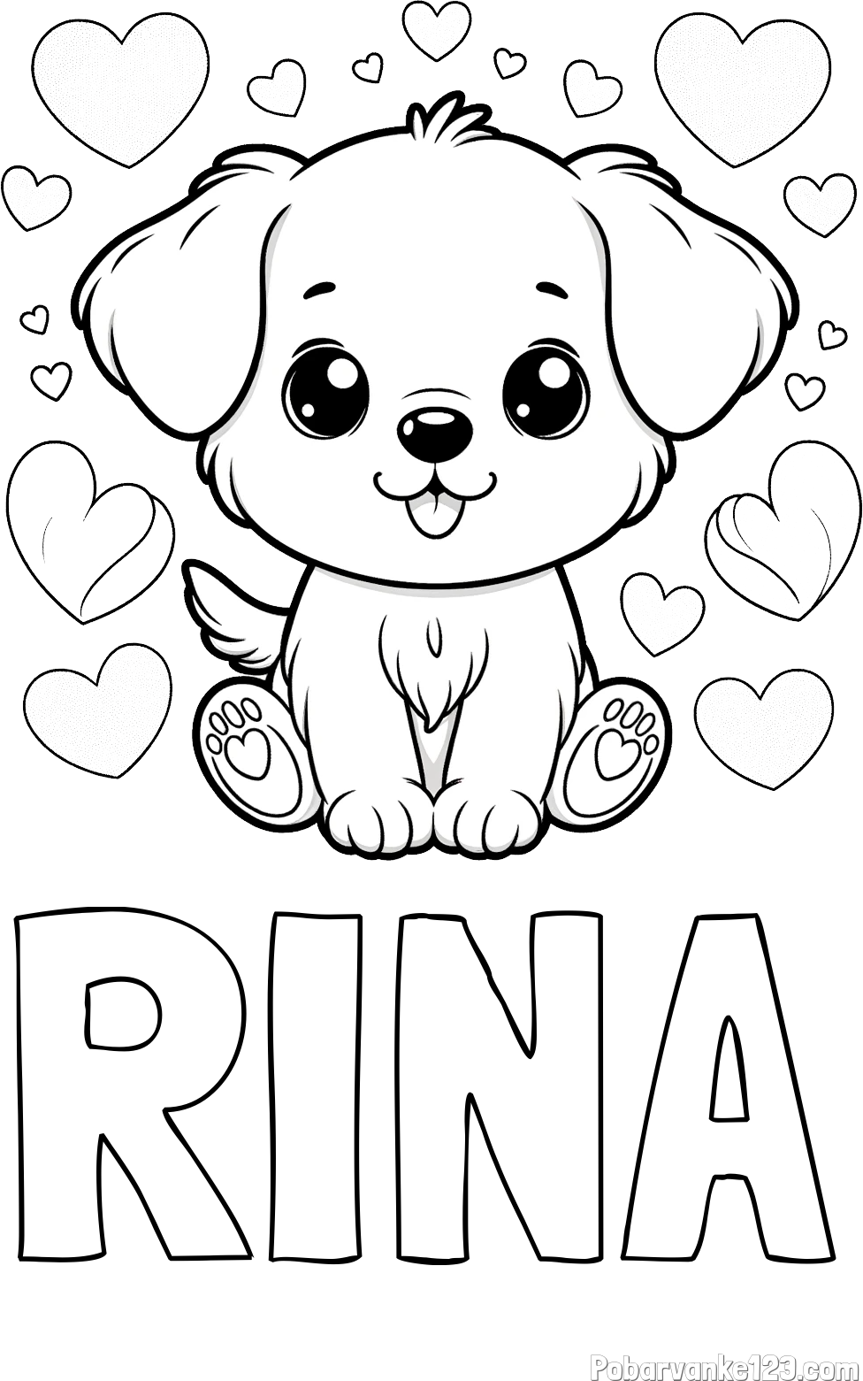 Pobarvanka imena RINA in pobarvanka ljubkega kužka obdanega s srčki